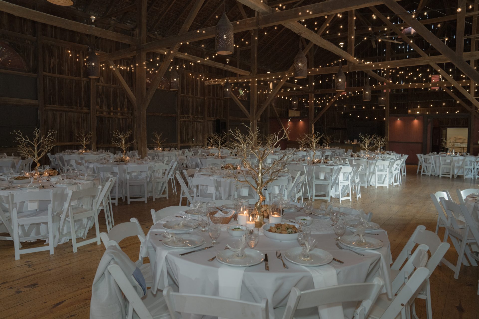Real ZEO barn reception with gold tree centerpieces and candlelight