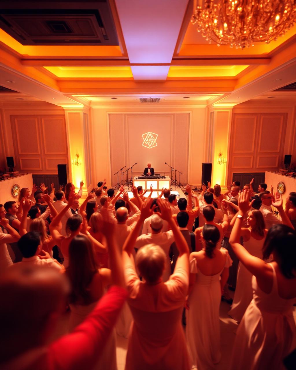 Entertainment: DJ booth + uplighting, packed dance floor