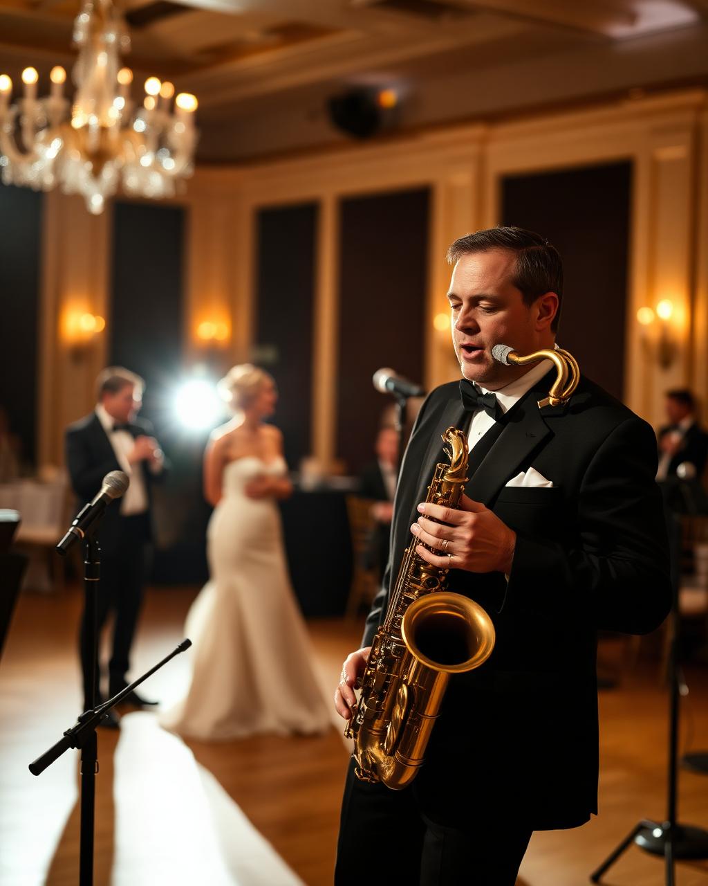 Live saxophonist playing over DJ set during cocktail hour