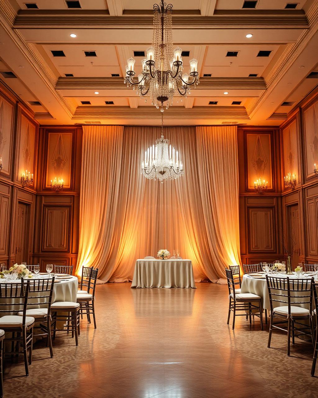 Uplighting rental setup around a ballroom perimeter before doors open