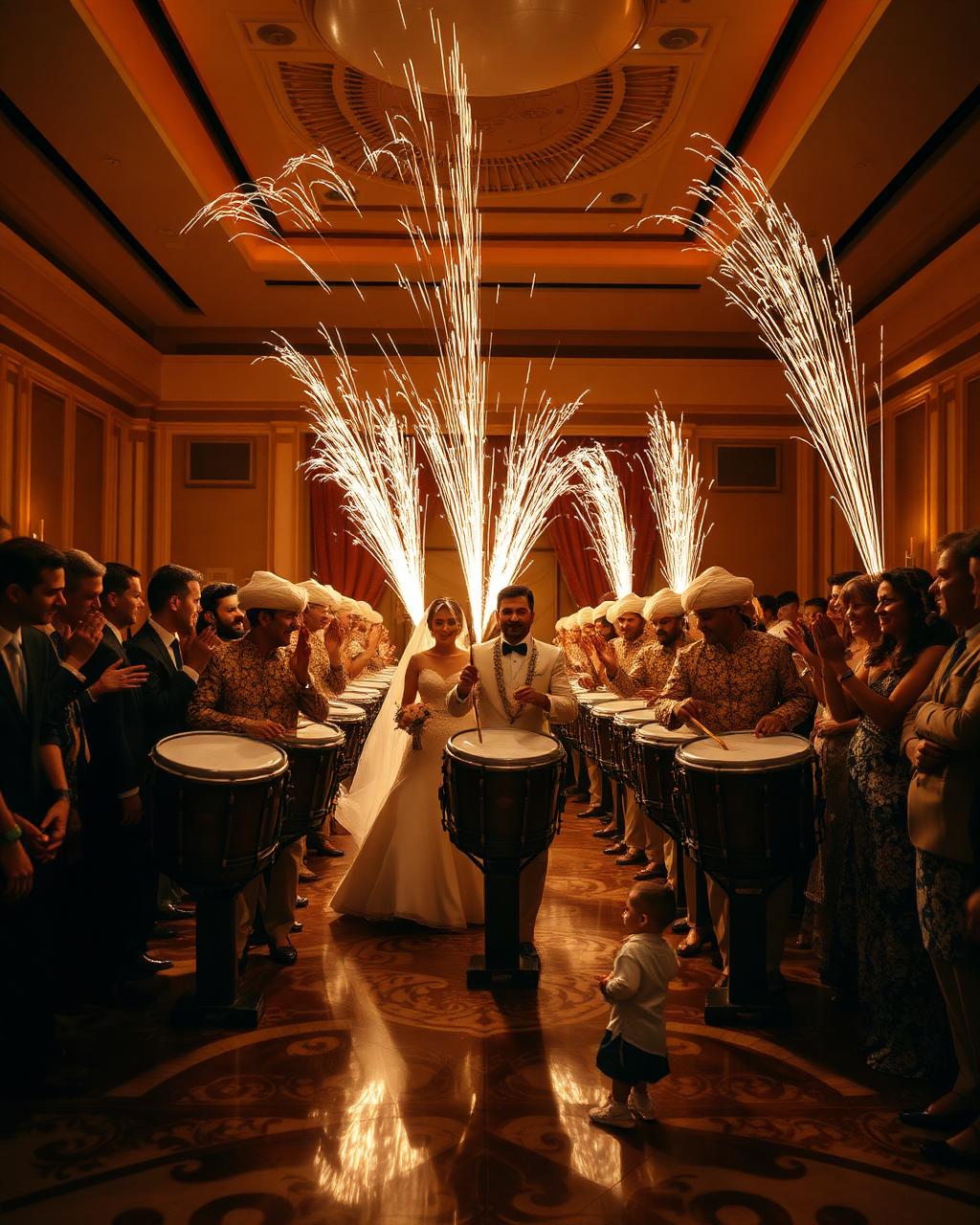 Drumline mid-procession with guests circled around