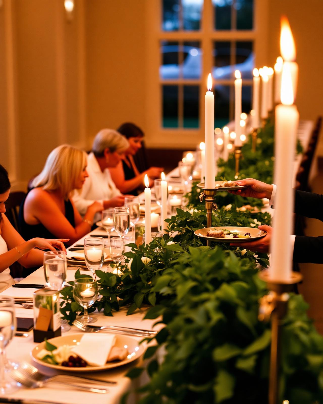 Family-style shared mains being passed at a long table