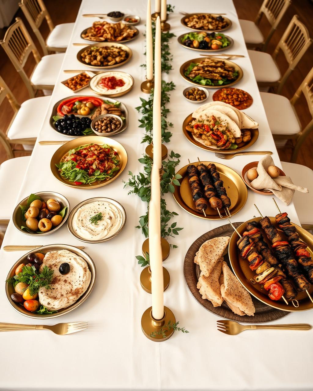 Catering: mezze spread on long farm table