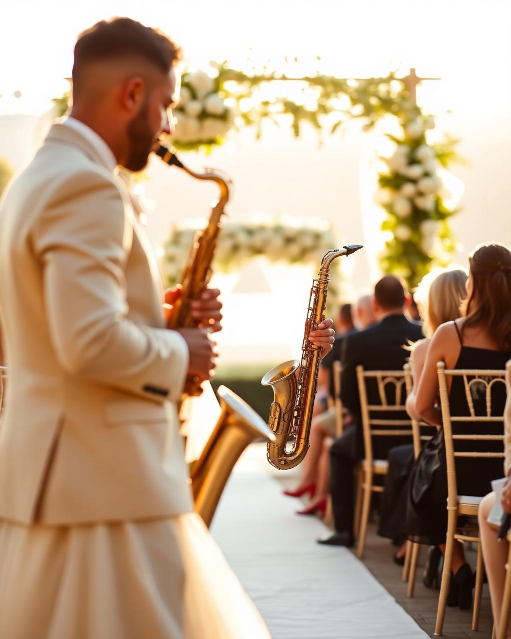 DJ & Live: sax at the aisle, dance floor lit