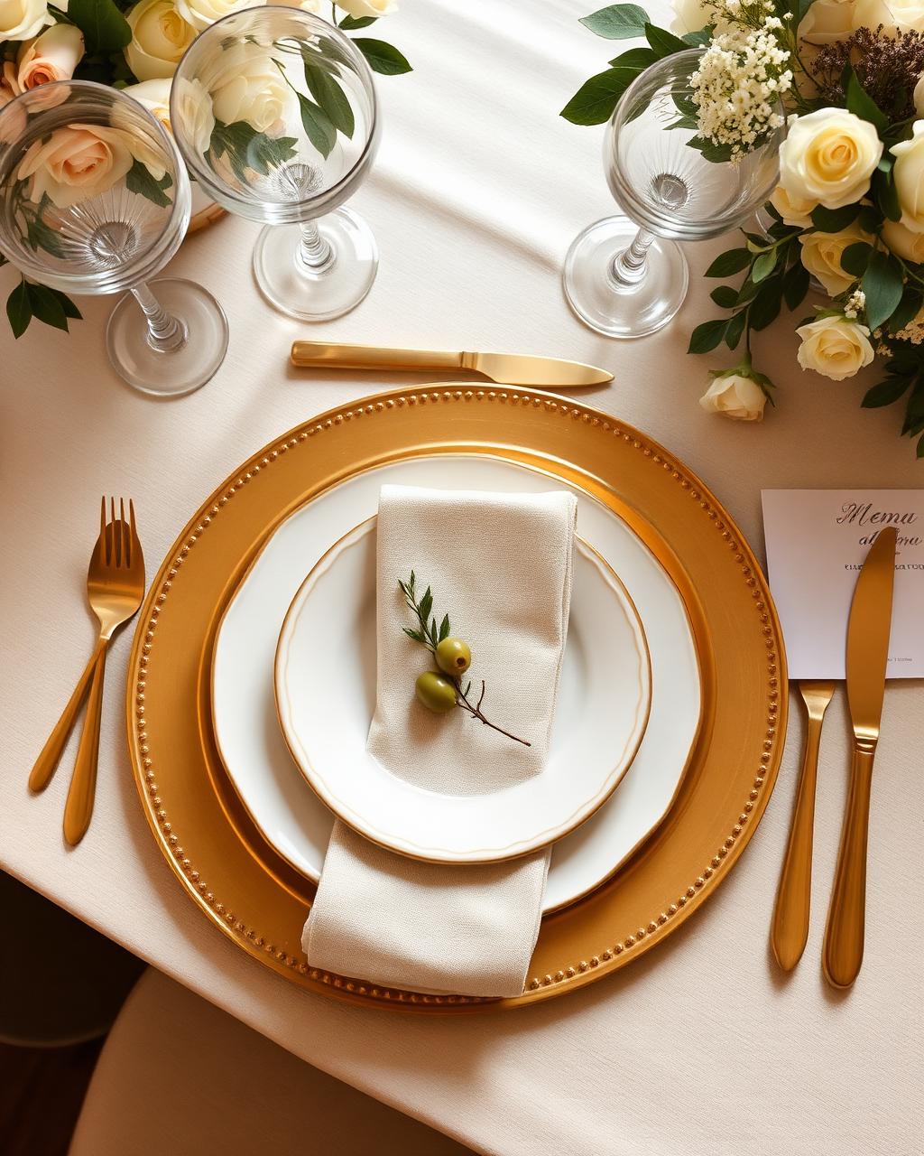 Lux Designs rentals: styled tabletop with charger, glassware and folded linen napkin