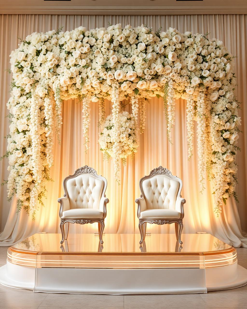 Draped stage with monogram backdrop and pillar florals