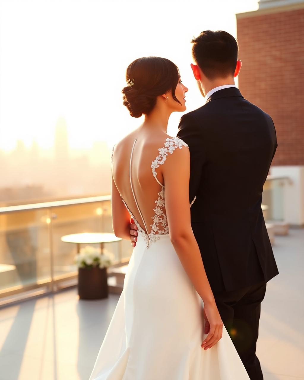 First look moment on a rooftop at golden hour