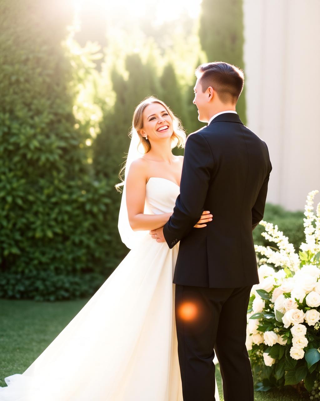 Couple portrait in backlit greenery at golden hour