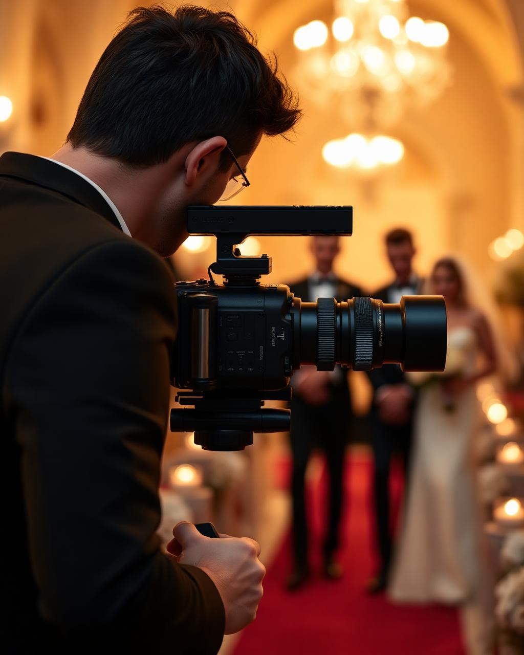 Videographer with gimbal following the couple down the aisle